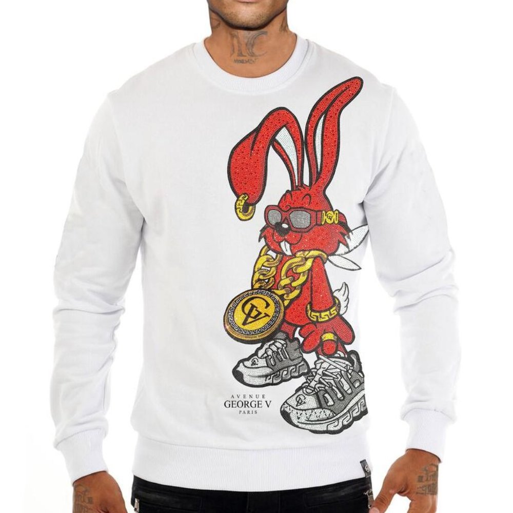 Avenue George V Paris Sweatshirt Men’s white long sleeve Rhinestone unisex 2XL